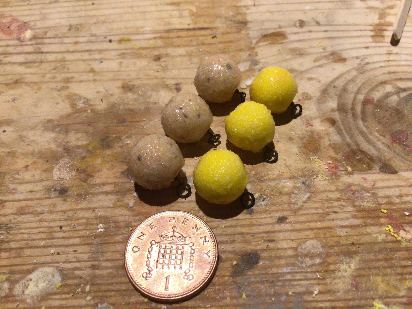 6x12mm solid epoxy wafters in washed out nut and golden yellow on hook ring swivels