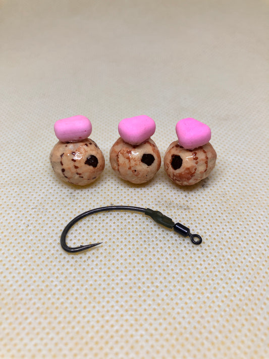 3x pink corn tipped tiger nuts 14/15mm on hook ring swivels *Read description*